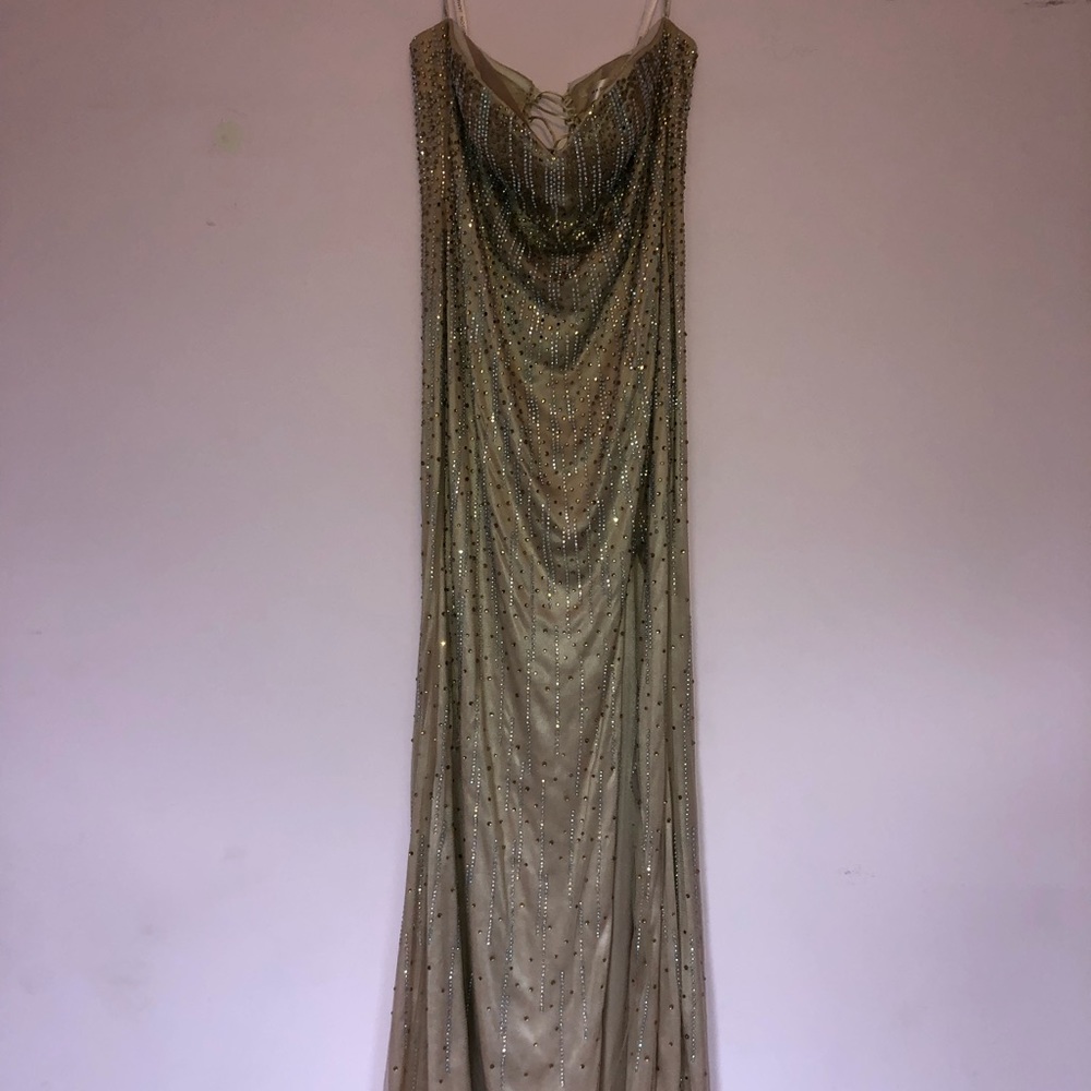 Strapless gold sequined floor dress